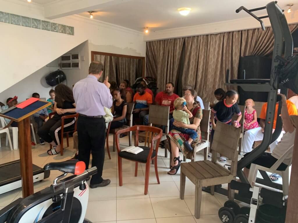 COVID-19 lockdown and neighborhood church with MAF staff in western DRC.