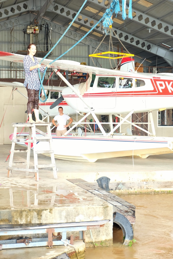 Rebecca preparing to jump from the MAF floating dock into the Kahayan river.