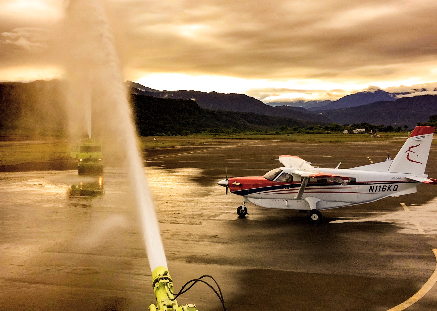 The Kodiak receives a salute from Shell airport officials upon its arrival in Ecuador. Photo by David Montero.