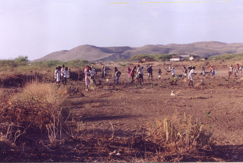 Residents of Anse Rouge clearing the land to make way for the airstrip. Photo by John Munsell.