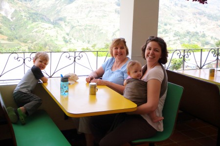 Kathy, Christine, Pete, and Ellie having lunch at the Mission Baptiste.
