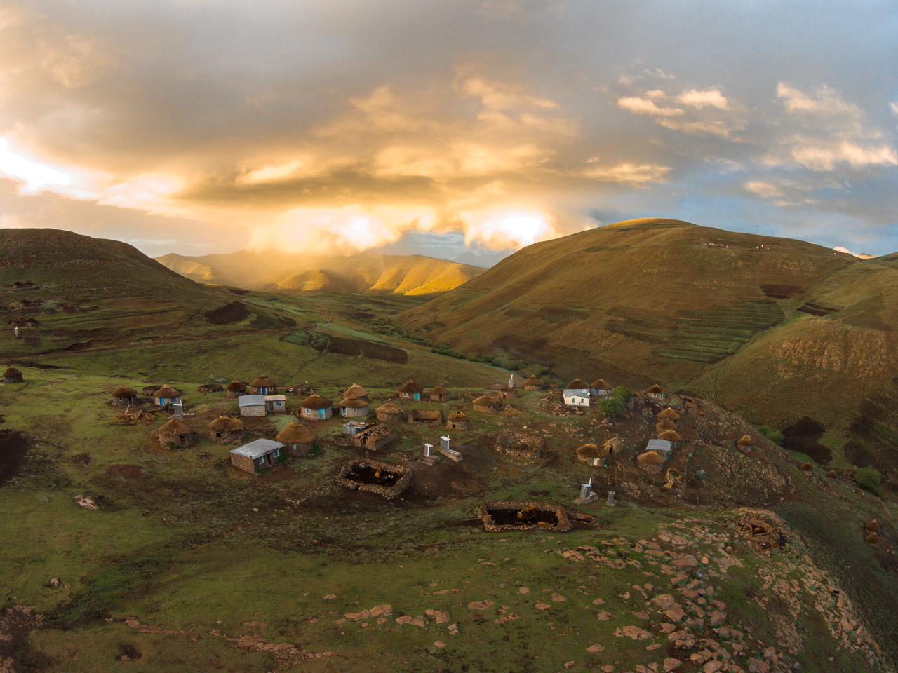 An aerial view capturing a sunrise over Merrill's village. Photo by Mark and Kelly Hewes.