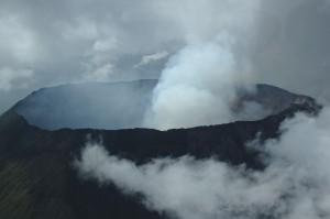Flying past the rim of a volcano near Goma, DRC on the way to Bukavu.