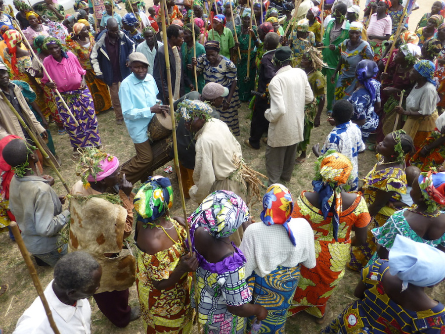 Villagers dancing in celebration of the Ndruna-language New Testament, in the town of Gety, DRC. Photo by Jon Cadd.